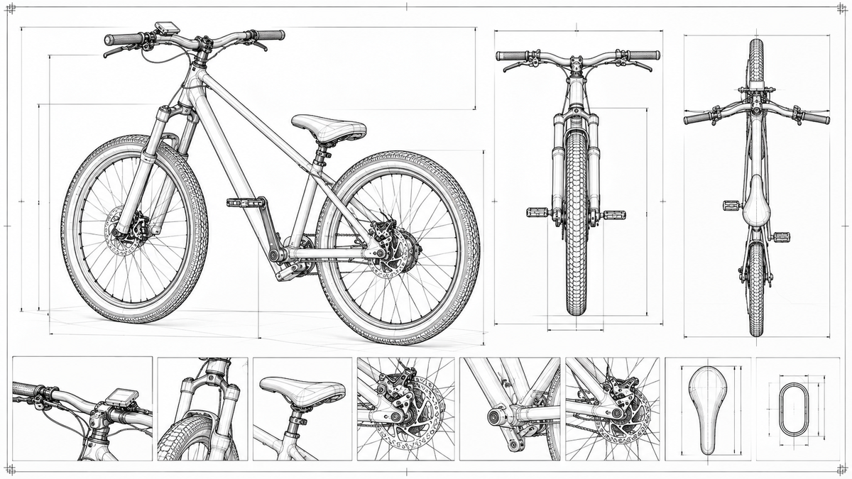 Technische Skizze eines E-Bikes in der Produktentwicklung