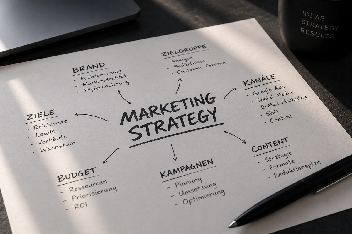 Skizze einer Marketingstrategie mit Zielen, Budget, Kanälen und Content