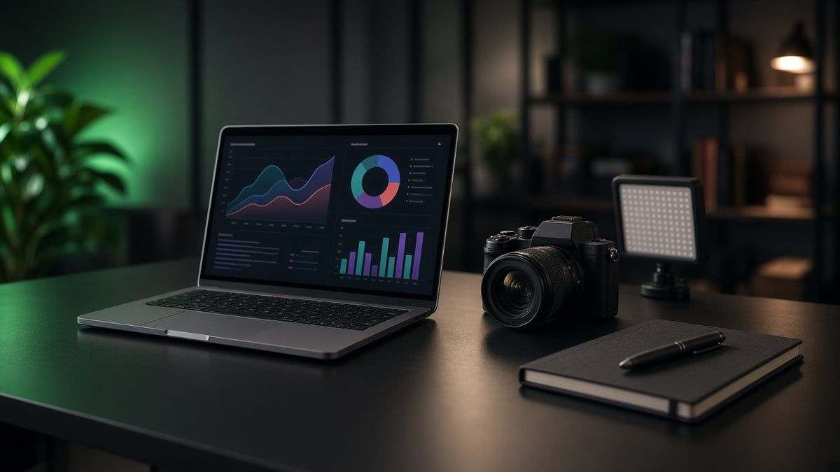 Moderner Arbeitsplatz mit Laptop und Kamera – KNOWN Marketing